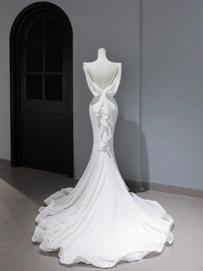 Simple Mermaid Spaghetti Strap Sequin Wedding Gown Style for Bride With Fitted Petite Plus Size Backless Bridal Dress AS366