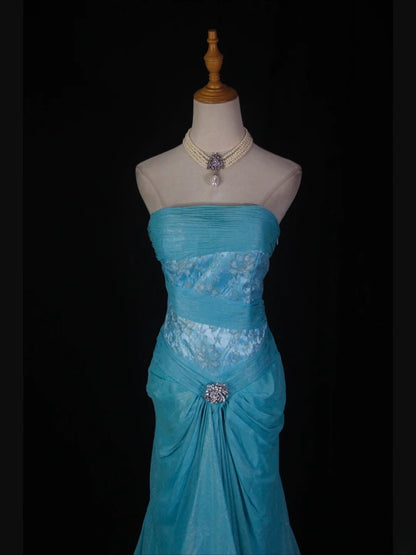 Retro 1950s Mermaid Strapless Blue Chiffon With Beads Lace Long Prom Dresses Inspo 22th Birthday Outfit Formal Gown AS366