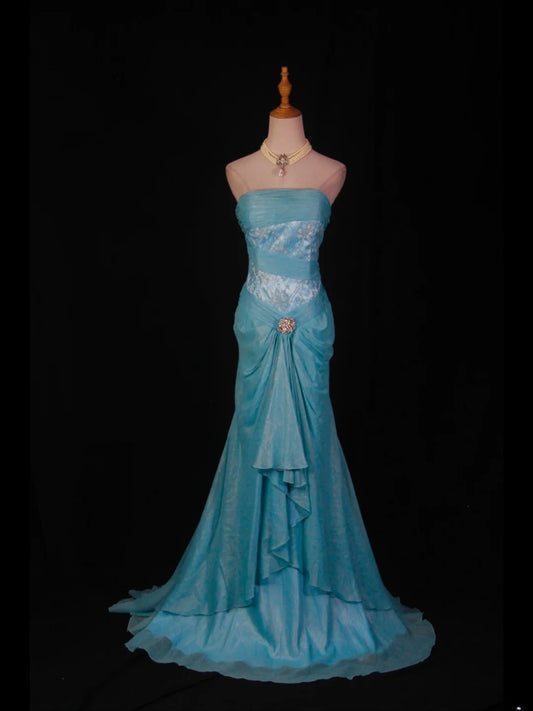 Retro 1950s Mermaid Strapless Blue Chiffon With Beads Lace Long Prom Dresses Inspo 22th Birthday Outfit Formal Gown AS366