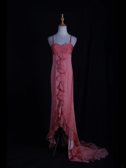 Retro 60s High Low Spaghetti Straps Pink Chiffon With Beads Prom Dresses Inspo 22th Birthday Outfit Formal Gown AS367