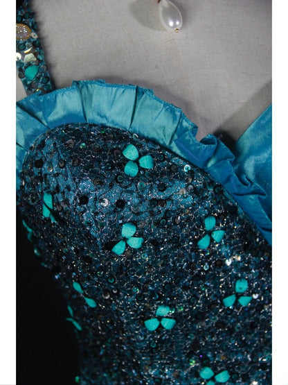 Vintage Meerjungfrauen-Kleid aus den 1950er Jahren mit One-Shoulder-Ausschnitt, plissiertem Rüschenoberteil aus Taft – Inspiration für lange Ballkleider zum 19. Geburtstag (AS368)