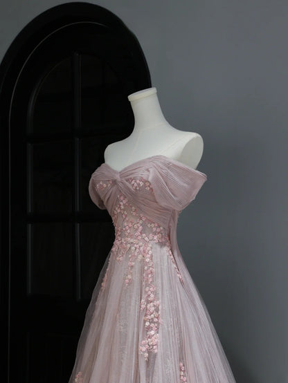 Modest Prom Dresses Aesthetic A Line Off The Shoulder Pink Tulle Inspiration Style Impress With Sleeves Long Party Formal Gown AS369