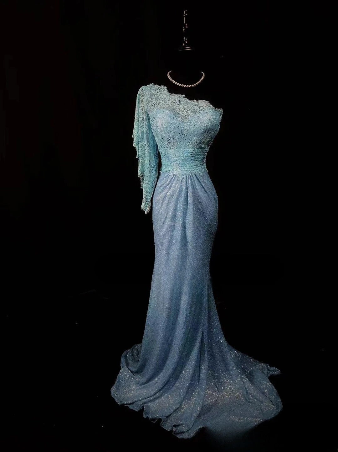 Vintage Prom Dresses Mermaid One Shoulder Blue Sequin 1950s Retro Classy Long Party Formal Outfits RB6190