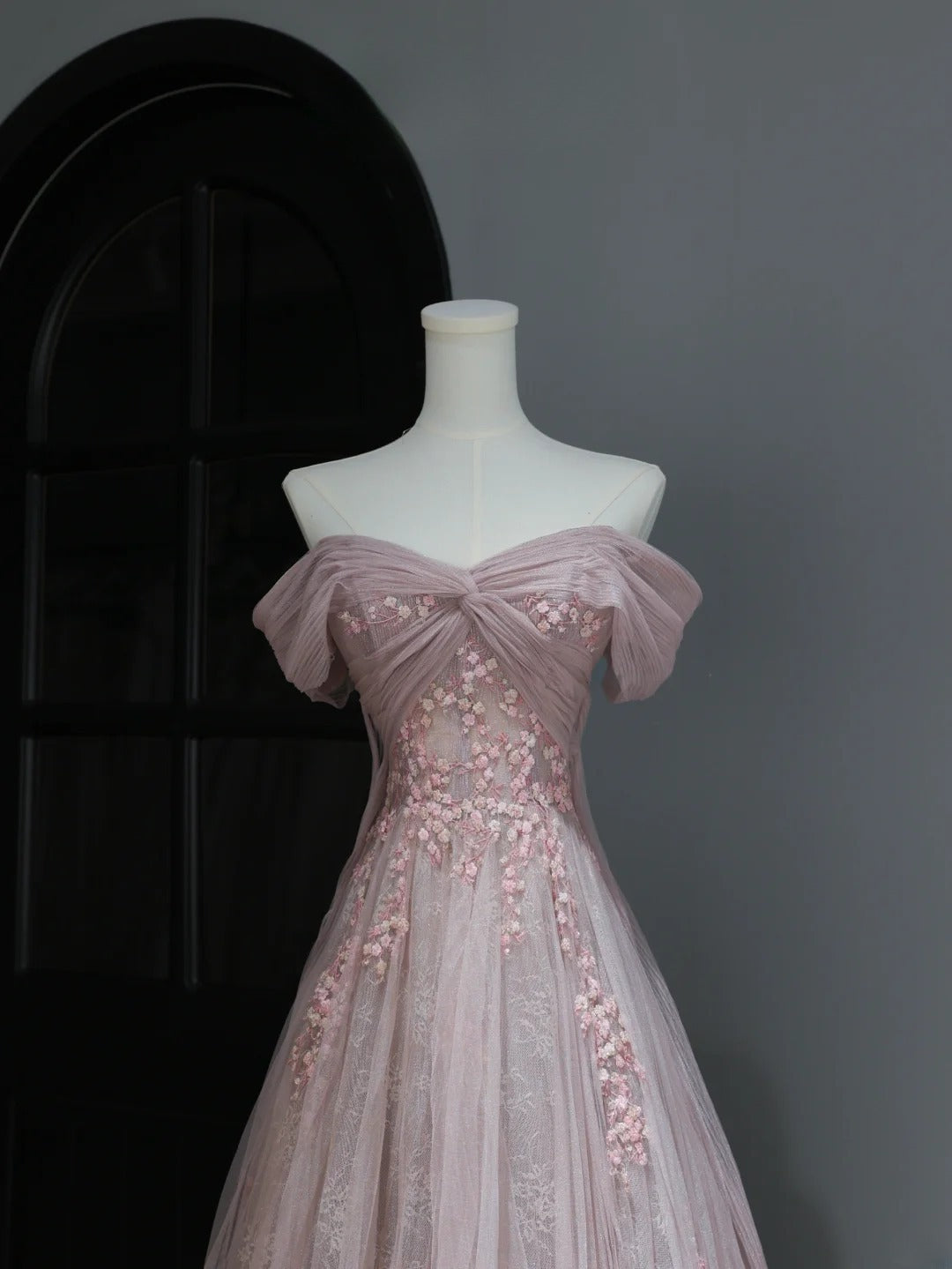Modest Prom Dresses Aesthetic A Line Off The Shoulder Pink Tulle Inspiration Style Impress With Sleeves Long Party Formal Gown AS369