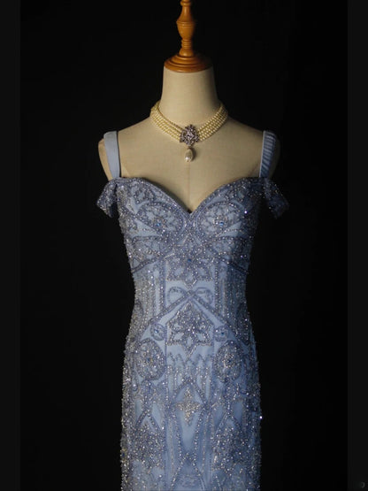Robe de bal longue sirène rétro années 50 en tulle bleu avec perles - Inspiration pour une tenue de 22 ans ou une robe de soirée AS370