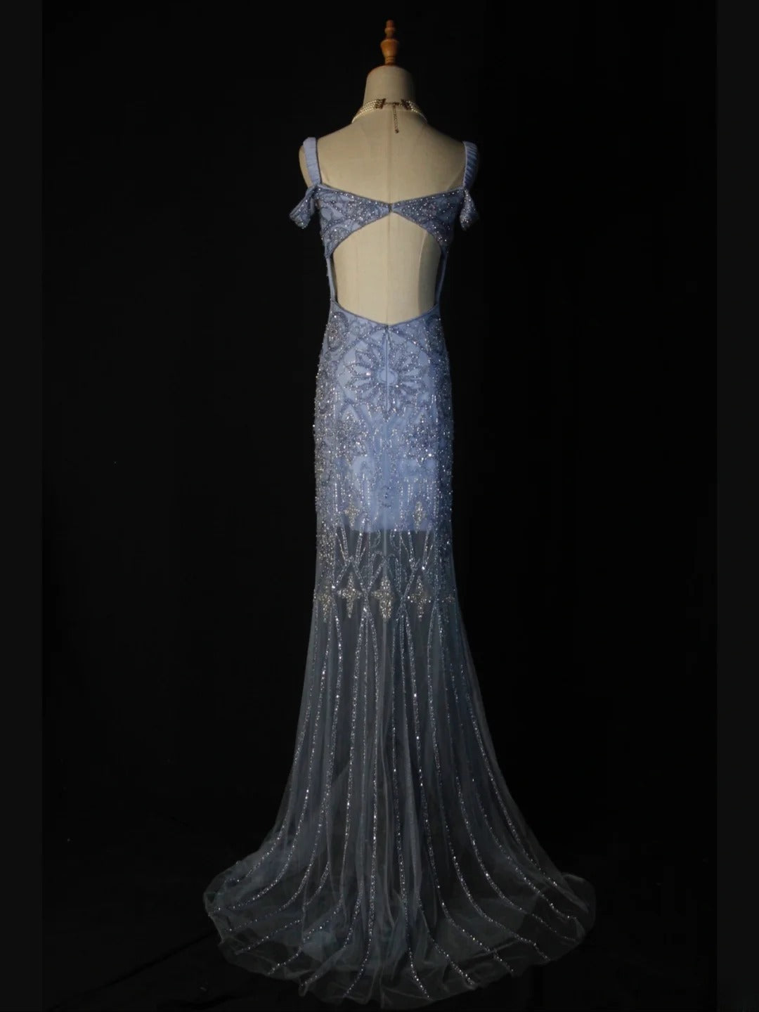Robe de bal longue sirène rétro années 50 en tulle bleu avec perles - Inspiration pour une tenue de 22 ans ou une robe de soirée AS370