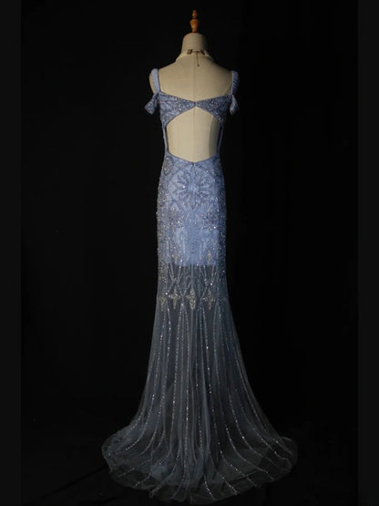 Robe de bal longue sirène rétro années 50 en tulle bleu avec perles - Inspiration pour une tenue de 22 ans ou une robe de soirée AS370