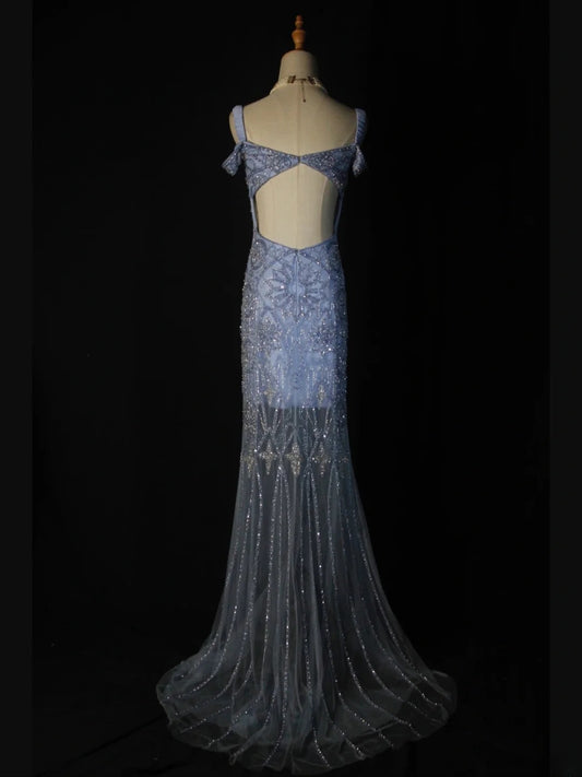 Retro 1950s Mermaid Sweetheart Blue Tulle With Beads Long Prom Dresses Inspo 22th Birthday Outfit Formal Gown AS370