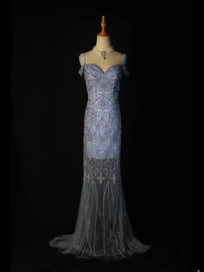 Robe de bal longue sirène rétro années 50 en tulle bleu avec perles - Inspiration pour une tenue de 22 ans ou une robe de soirée AS370