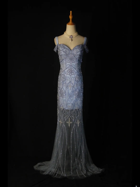 Retro 1950s Mermaid Sweetheart Blue Tulle With Beads Long Prom Dresses Inspo 22th Birthday Outfit Formal Gown AS370