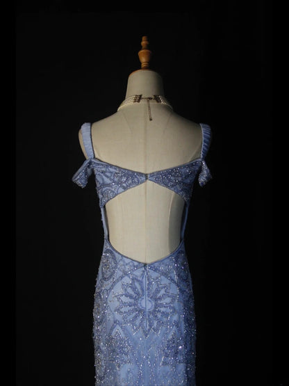 Robe de bal longue sirène rétro années 50 en tulle bleu avec perles - Inspiration pour une tenue de 22 ans ou une robe de soirée AS370