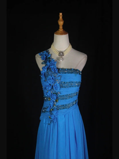 Vintage A-Linien-Kleid, königsblau, 1950er Jahre, mit plissiertem, gerüschtem und perlenbesetztem Oberteil, langes Ballkleid, Inspiration für Geburtstagsoutfit, formelles Abendkleid AS371