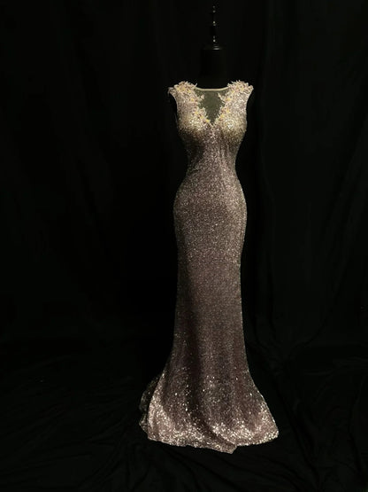 Sparkly Prom Dresses Mermaid Scoop Neck Champagne Sequin With Lace Night Evening Formal Outfits RB6193