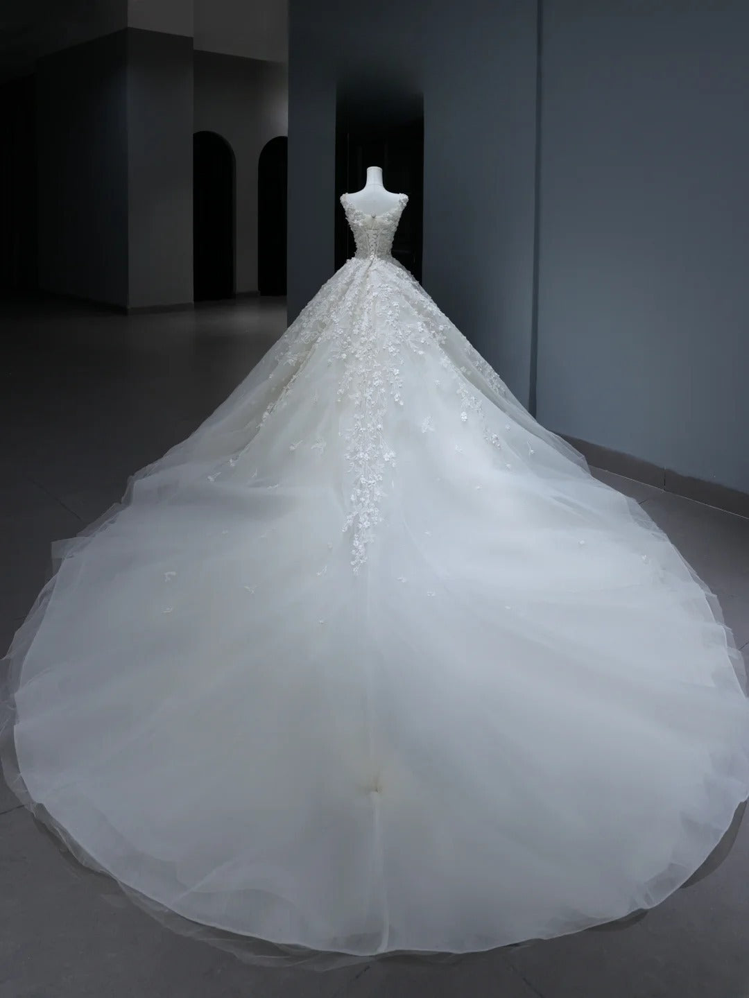 Robe de mariée longue de princesse, style bal, décolleté en V, ornée d'appliqués de dentelle et d'une traîne, blanche, AS372