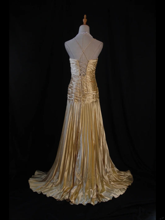 Retro 60s A line Spaghetti Straps Gold Taffeta With Beads Prom Dresses Inspo 22th Birthday Outfit Formal Gown AS373