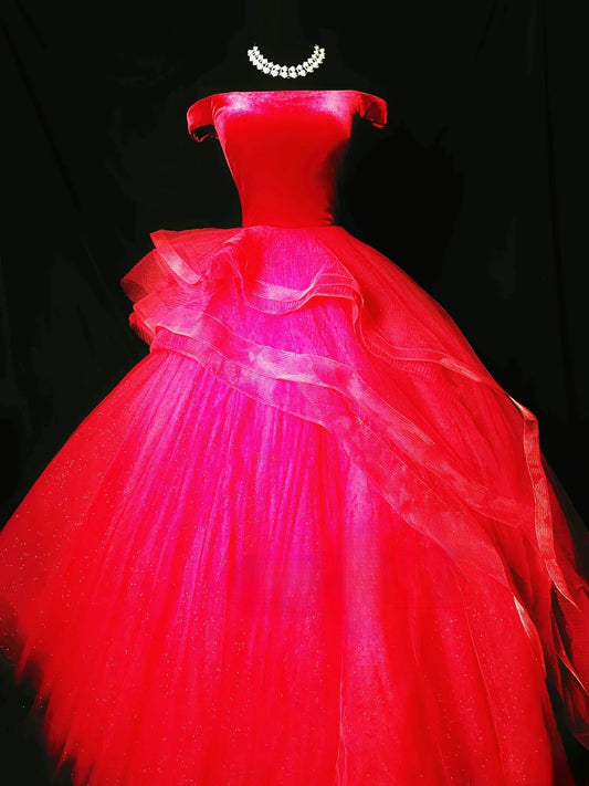 Charming Prom Dresses Ball Gown Off The Shoulder Red With Corset Fitted Back Night Evening Formal Outfits RB6194