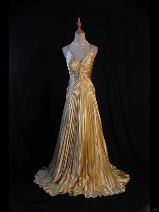 Retro 60s A line Spaghetti Straps Gold Taffeta With Beads Prom Dresses Inspo 22th Birthday Outfit Formal Gown AS373