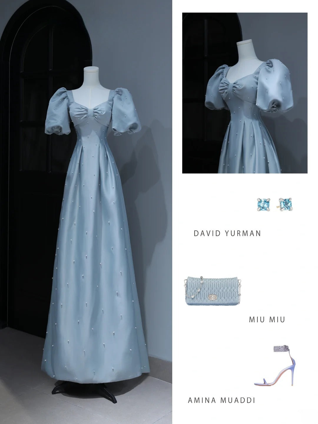 Elegantes, schlichtes Ballkleid in A-Linie mit Herzausschnitt, hellblauem Satin, inspiriert von Stil und beeindruckt mit Puffärmeln und Perlen. Langes, formelles Partykleid AS373