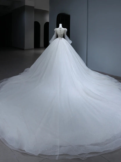 Princess Long Wedding Gowns Ball Gown Scoop Style for Bride With Lace Appliques Long Sleeves Train White Bridal Dresses AS374