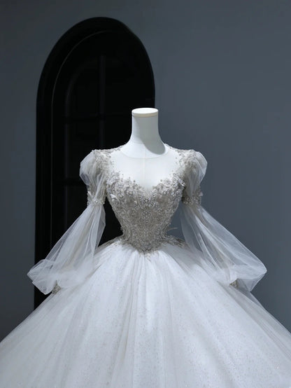 Princess Long Wedding Gowns Ball Gown Scoop Style for Bride With Lace Appliques Long Sleeves Train White Bridal Dresses AS374