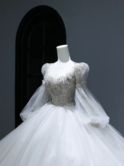Princess Long Wedding Gowns Ball Gown Scoop Style for Bride With Lace Appliques Long Sleeves Train White Bridal Dresses AS374
