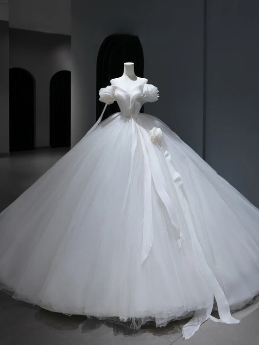 Princess Long Wedding Gowns Ball Gown Off The Shoulder Style for Bride With Short Sleeves Train White Bridal Dresses AS375