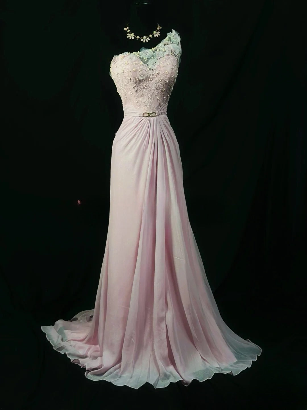 Vintage 2000s Prom Dresses A line One Shoulder Pink Chiffon With Appliqued Long Party Gown Formal Outfits RB6195