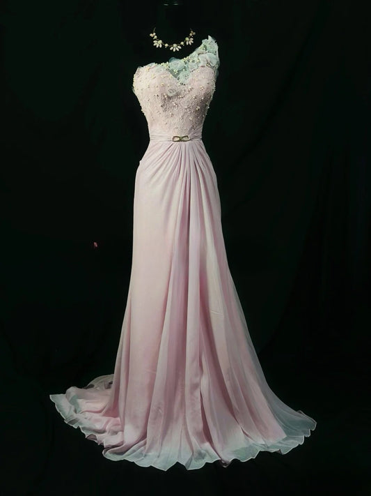 Vintage 2000s Prom Dresses A line One Shoulder Pink Chiffon With Appliqued Long Party Gown Formal Outfits RB6195