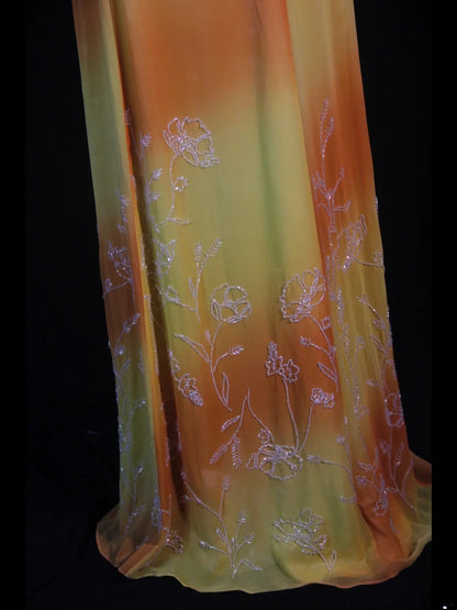 Robe de bal longue rétro années 60, coupe trapèze, bretelles spaghetti, mousseline multicolore ornée de perles. Inspiration pour une tenue de 22 ans ou une robe de soirée (AS376).