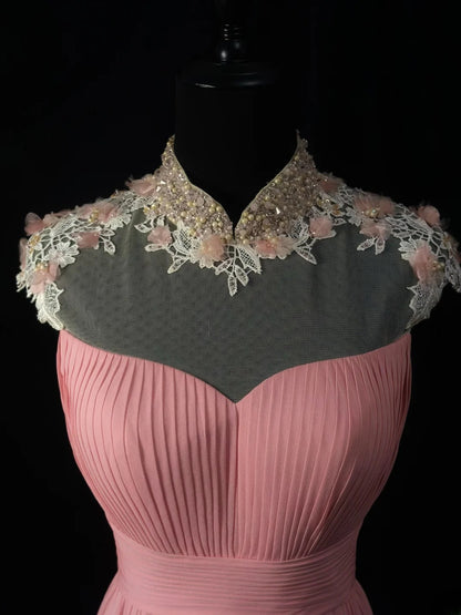 Vintage Prom Dresses A Line High Neck Pink Backless Lace 1950s Retro Classy Long Party Formal Outfits RB6197