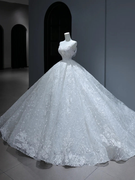 Princess Long Wedding Gowns Ball Gown Sweetheart Style for Bride With Tassel Train White Lace Bridal Dresses AS377