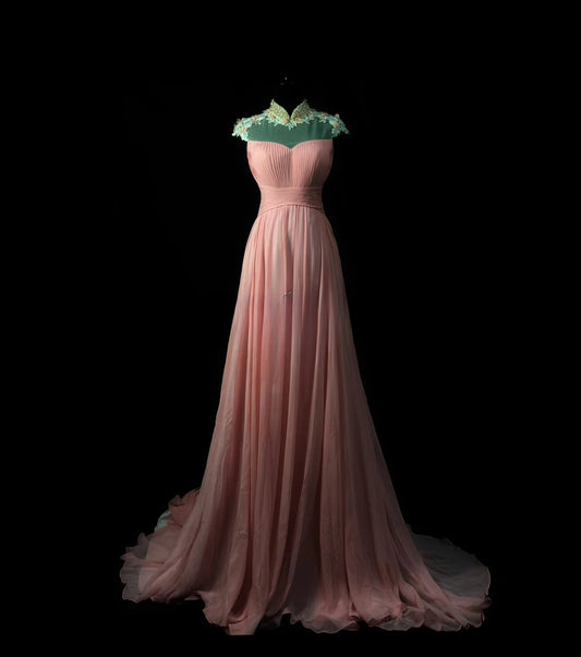 Vintage Prom Dresses A Line High Neck Pink Backless Lace 1950s Retro Classy Long Party Formal Outfits RB6197