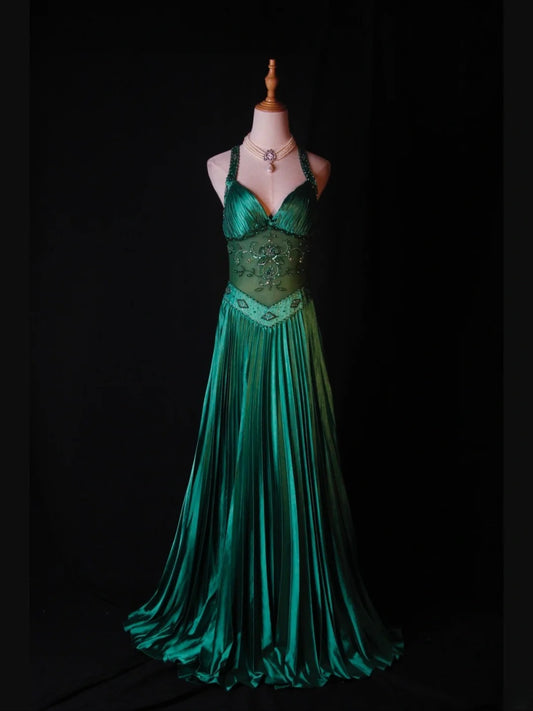 Retro 60s A line Halter Dark Emerald Green Satin With Beads Long Prom Dresses Inspo 22th Birthday Outfit Formal Gown AS377