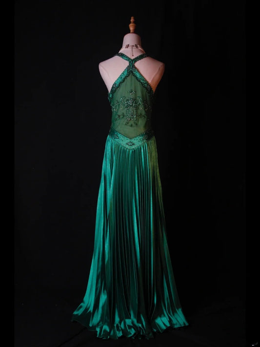 Retro 60s A line Halter Dark Emerald Green Satin With Beads Long Prom Dresses Inspo 22th Birthday Outfit Formal Gown AS377
