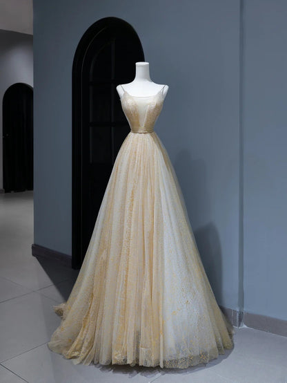 Robe de bal modeste, coupe trapèze, bretelles spaghetti, tulle doré, style inspiré, corset, robe de soirée longue et ajustée AS378
