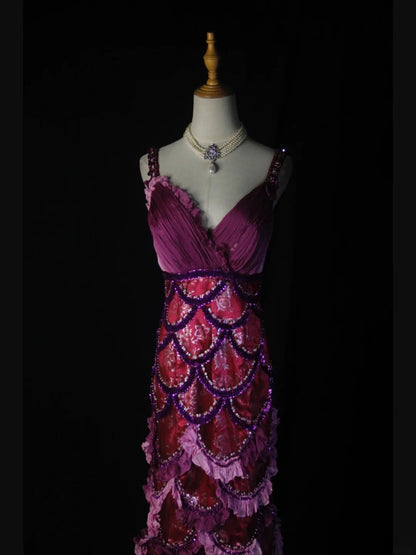 Robe de bal longue vintage années 80, coupe trapèze, décolleté cœur, dentelle et perles à motifs de raisin - Inspiration tenue d'anniversaire - Robe de soirée AS378
