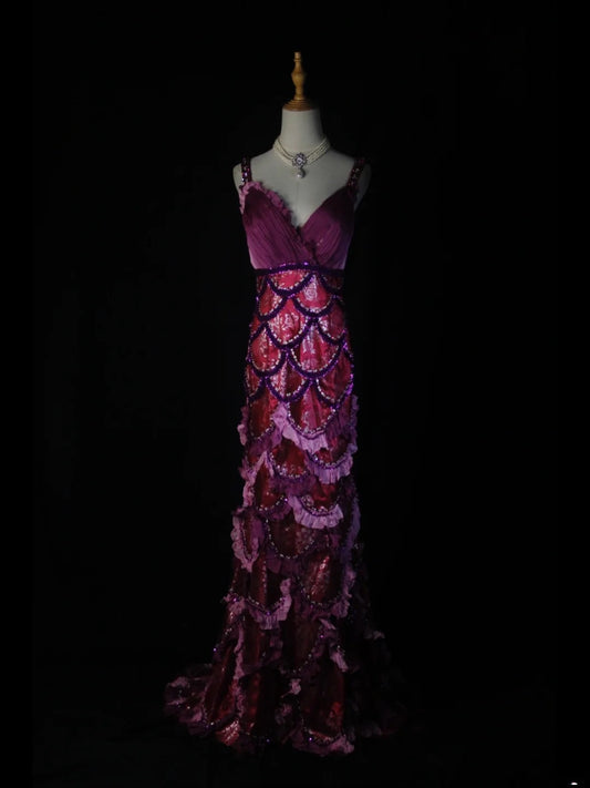 Robe de bal longue vintage années 80, coupe trapèze, décolleté cœur, dentelle et perles à motifs de raisin - Inspiration tenue d'anniversaire - Robe de soirée AS378