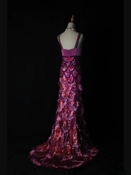 Robe de bal longue vintage années 80, coupe trapèze, décolleté cœur, dentelle et perles à motifs de raisin - Inspiration tenue d'anniversaire - Robe de soirée AS378