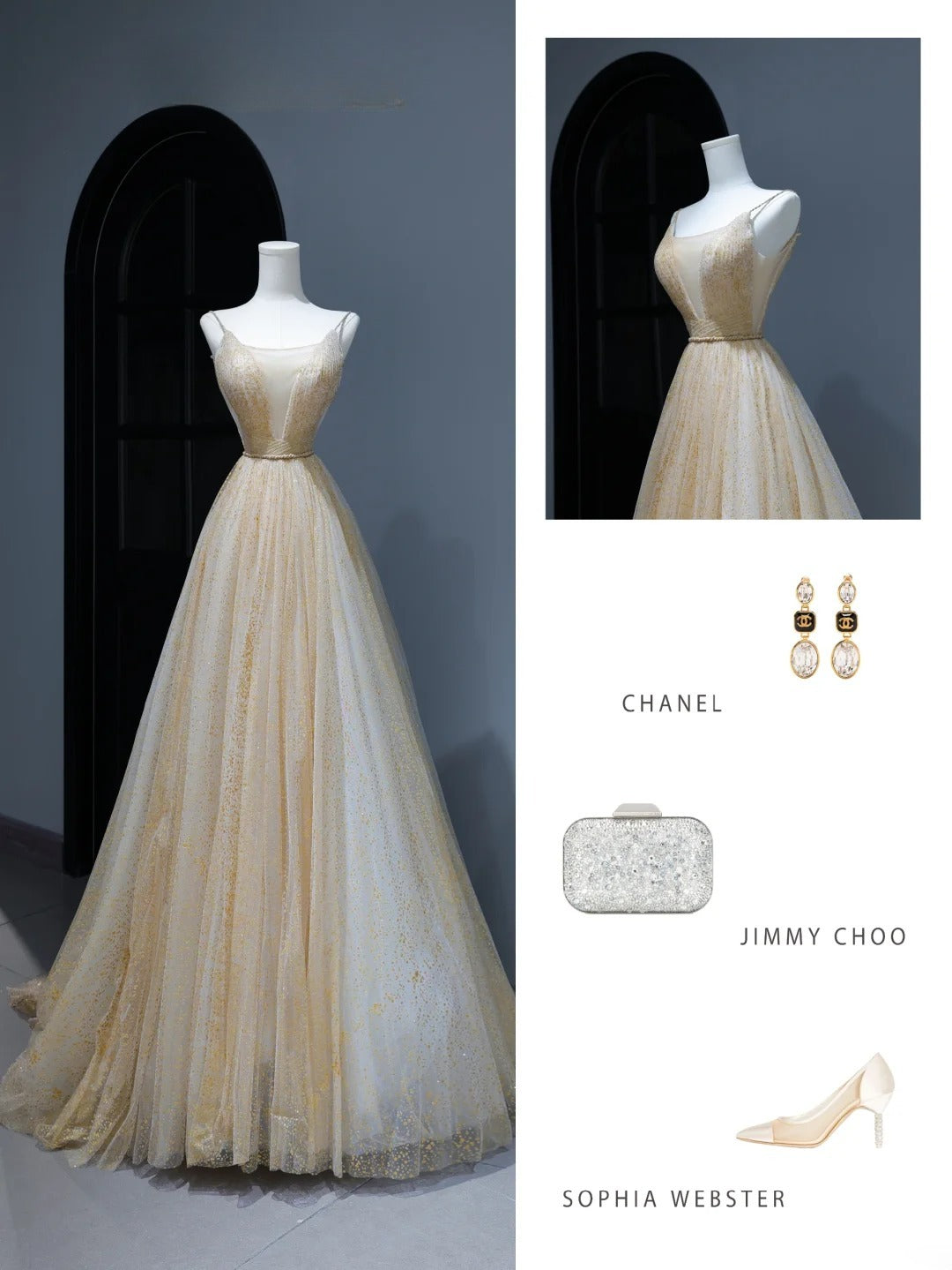 Robe de bal modeste, coupe trapèze, bretelles spaghetti, tulle doré, style inspiré, corset, robe de soirée longue et ajustée AS378