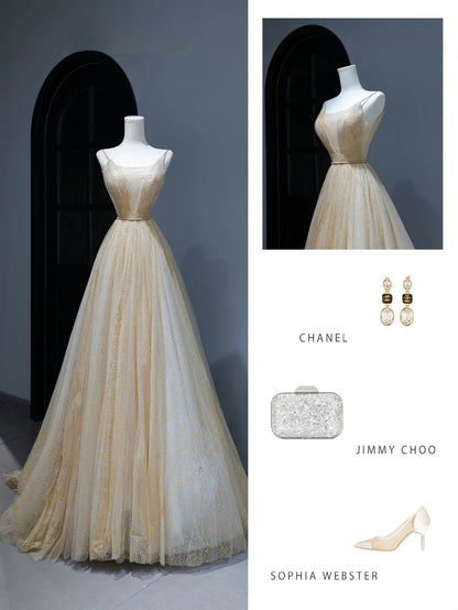 Robe de bal modeste, coupe trapèze, bretelles spaghetti, tulle doré, style inspiré, corset, robe de soirée longue et ajustée AS378