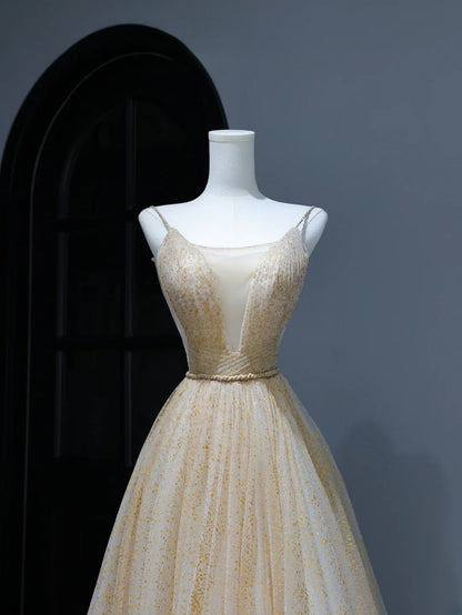 Robe de bal modeste, coupe trapèze, bretelles spaghetti, tulle doré, style inspiré, corset, robe de soirée longue et ajustée AS378
