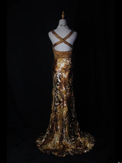 Vintage 70s Sheath Spaghetti Straps Leopard Print Beaded Bodice Plus Size Long Prom Dresses Impress 21th Birthday Outfits Prom Gown AS380
