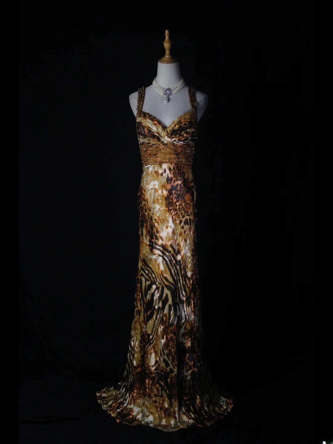 Vintage 70s Sheath Spaghetti Straps Leopard Print Beaded Bodice Plus Size Long Prom Dresses Impress 21th Birthday Outfits Prom Gown AS380
