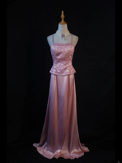Vintage A Line 80s Spaghetti Straps Pink Beads With Beaded Long Prom Dresses Inspo Birthday Outfit Formal Gowns AS382
