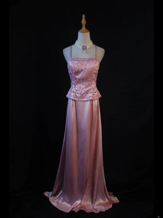 Robe de bal longue rose vintage années 80, coupe trapèze, bretelles spaghetti, perles, inspiration robe de soirée d'anniversaire - AS382
