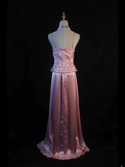 Vintage A Line 80s Spaghetti Straps Pink Beads With Beaded Long Prom Dresses Inspo Birthday Outfit Formal Gowns AS382