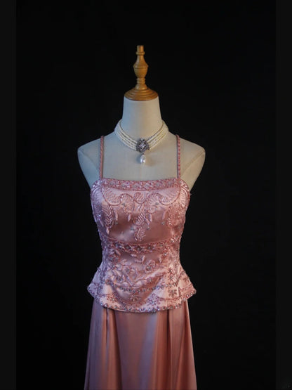 Vintage A Line 80s Spaghetti Straps Pink Beads With Beaded Long Prom Dresses Inspo Birthday Outfit Formal Gowns AS382