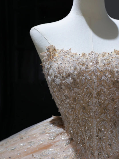 Robe de mariée longue de princesse, style bal, bustier rose poudré, avec corsage à sequins et perles, traîne, AS383