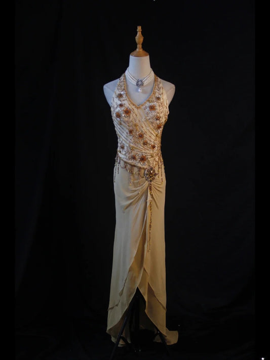 Retro 60s High Low V Neck Champagne Chiffon With Beads Long Prom Dresses Inspo 22th Birthday Outfit Formal Gown AS383