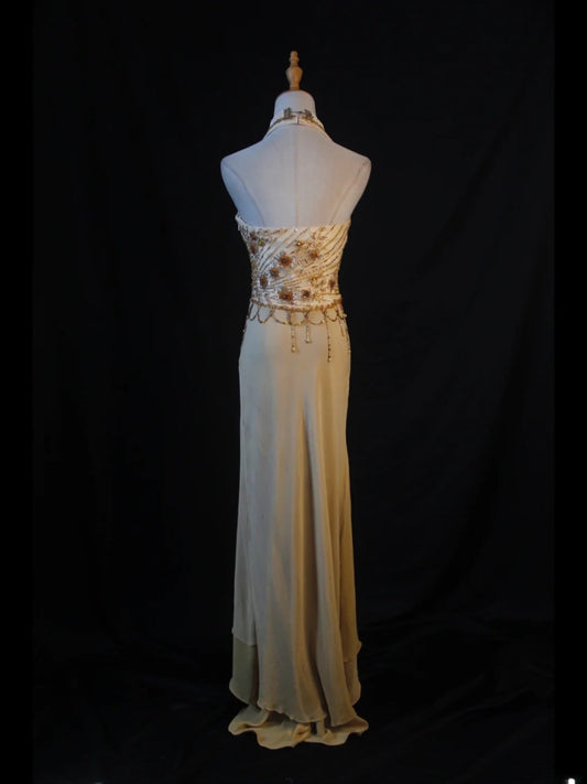 Retro 60s High Low V Neck Champagne Chiffon With Beads Long Prom Dresses Inspo 22th Birthday Outfit Formal Gown AS383